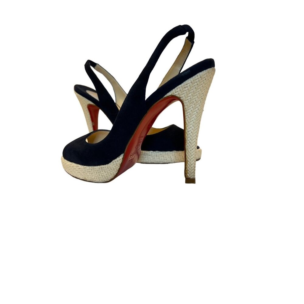 Christian Louboutin Womens Peep-Toe Slingback Heels Navy Suede & Woven Platform